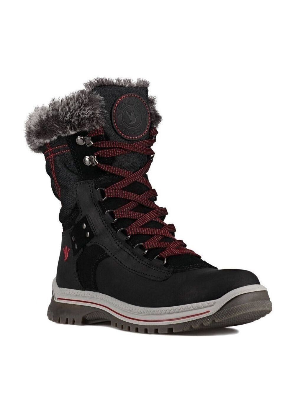 Santana Canada Black Red Leather Snow Boot Low Calf Faux Fur Size 6